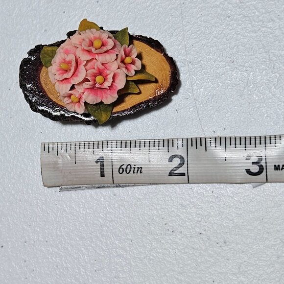 Handcrafted Retro Floral Wood Slice Brooch Pink Flowers Nature Fashion Jewelry - Picture 5 of 5